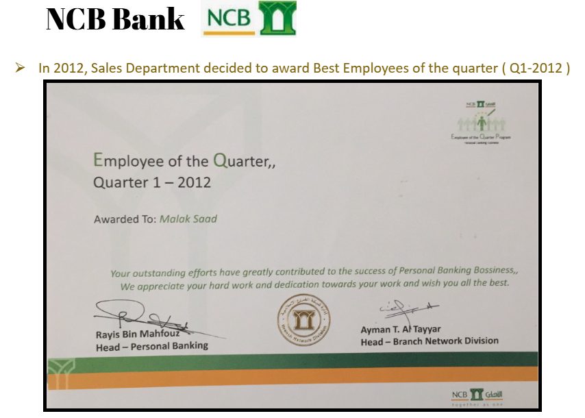 National Commercial Bank NCB - Best Employee Q1, 2012